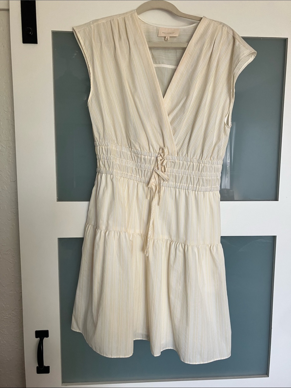 Cream and Yellow Striped V‑Neck Tiered Mini Dress